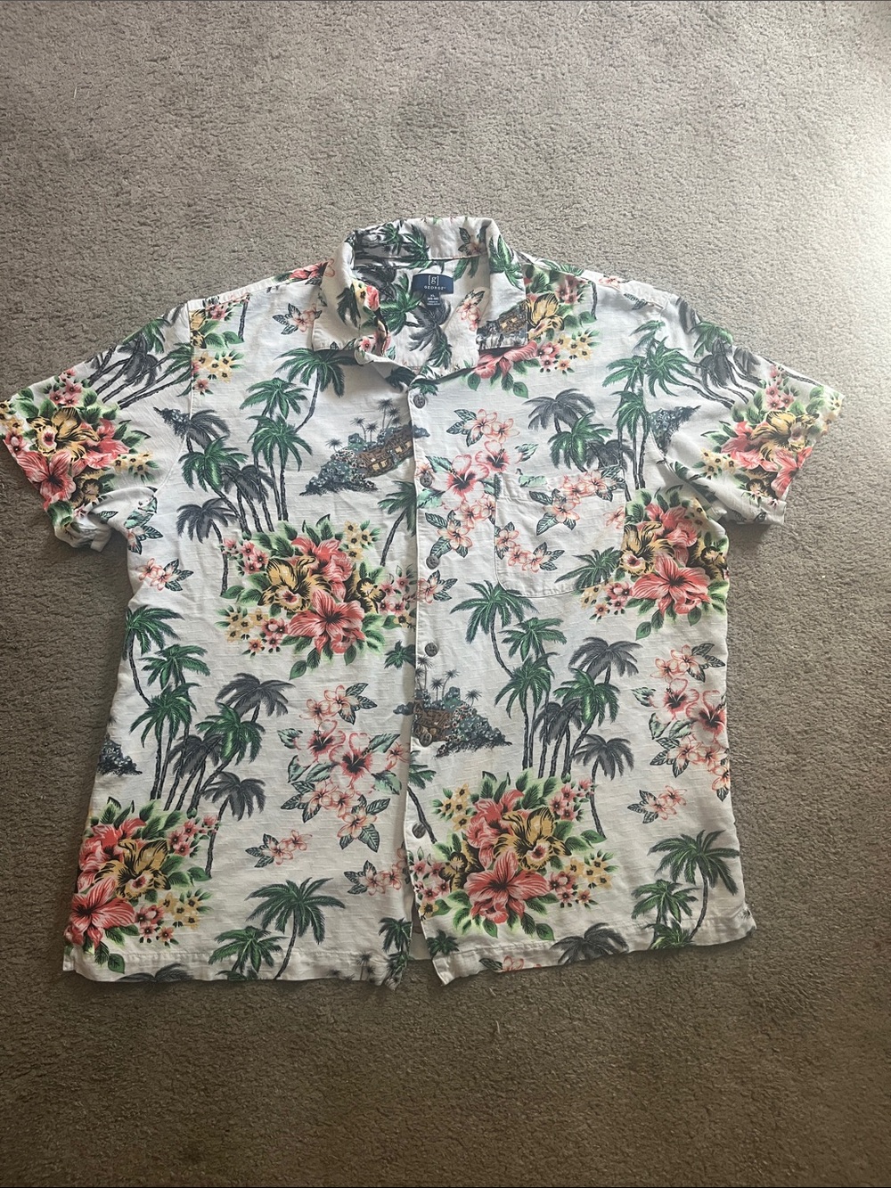 George White Hawaiian Button-Down Shirt with Green & White 28”L x 24”W